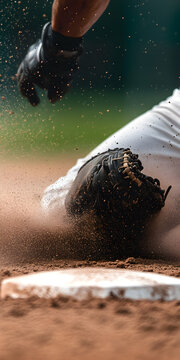 A runner sliding into third base, his body fully extended as the ball reaches the baseman&rsquo;s glove.


