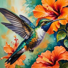 Obraz premium Vibrant Hummingbird Hovering Over Hibiscus Flower.jpeg