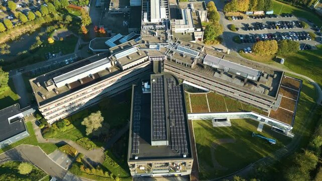 az sint blasius hospital complex reveals patient treatment facilities healthcare services architectural close up forward aerial drone view footage sint-blasius 