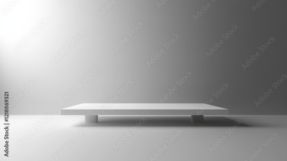 Poster minimalist display platform on soft blurred light background with white color scheme enhancing depth