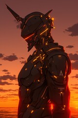 Naklejka premium A futuristic mech stands silhouetted against a sunset sky