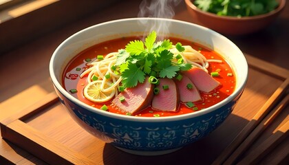 A delicious bowl of bun bo hue served on a banana leaf lined tray, with rich, spicy broth