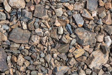 Detailed close-up of scattered natural brown and gray stones on an earthy ground, showcasing texture and ruggedness