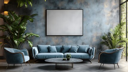 Dining room style, blank poster on concrete wall, elegant minimalist decor, modern chairs and green plant, 3d illustration