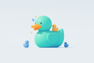 Green Duck with Small Ducklings on White Background, 3D Illustration