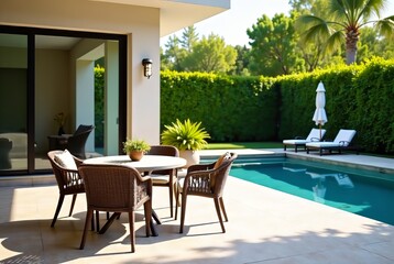 Fototapeta premium Backyard Patio Oasis by Pool - Stunning AI Image