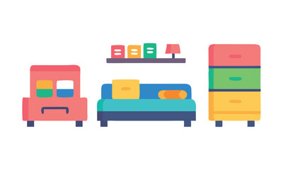 Colorful Furniture Illustration Featuring Couch, Storage, and Shelves