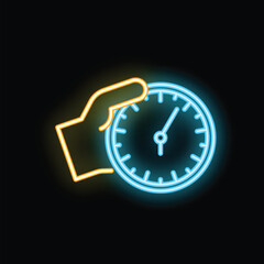 Neon icon illustration of a hand holding a clock, symbolizing time management