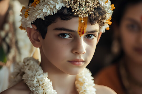 young boy adorned with garlands and tilak during the Upanayanam, a sacred thread ceremony in Hindu tradition