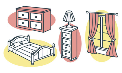 Cozy Bedroom Essentials,Bed, Dresser, Lamp, and Curtains Illustration