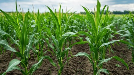 Obraz premium Lush Cornfield With Growing Stalks Under a Partly Cloudy Sky