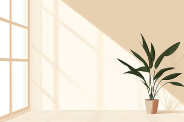 Minimalist sunlit room illustration with a potted plant and a large window casting light patterns