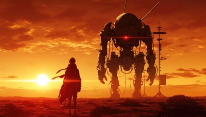 Silhouette of a lone figure facing a giant robot at sunset