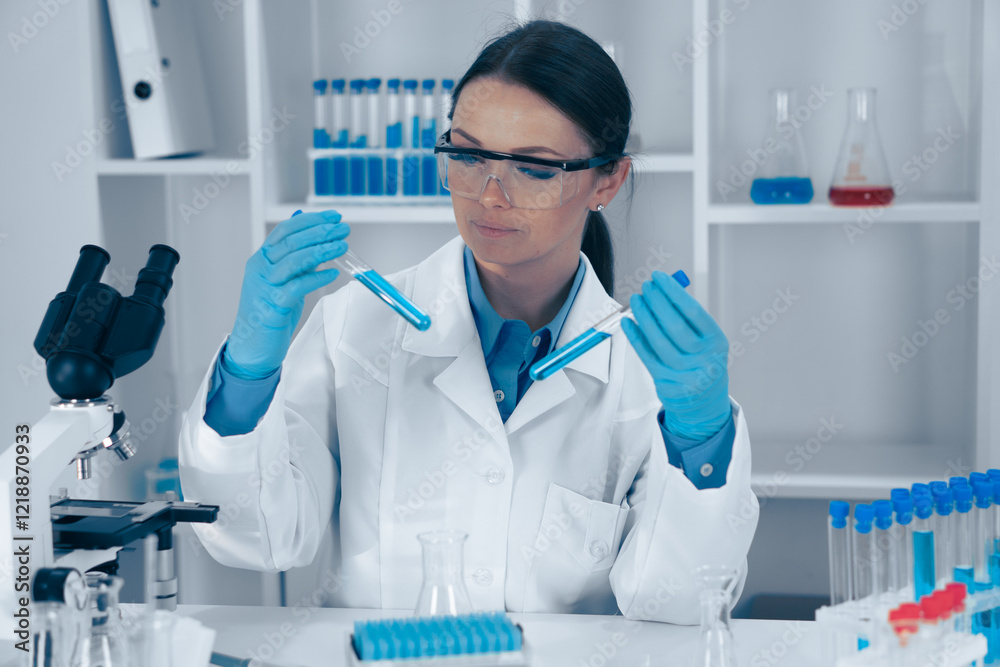 Poster a dedicated scientist analyzes samples in a hightech lab, highlighting the vital role of ongoing res