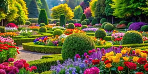Vibrant macro flower bed, picturesque garden design. Ample copy space for your text.