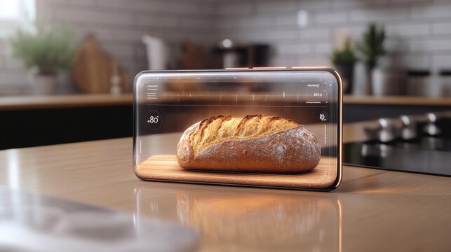 Transparent smartphone utilizing augmented reality to showcase bread information in a modern kitchen