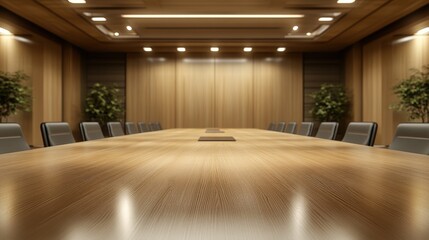 Fototapeta premium Spacious and Modern Meeting Room with Large Wooden Table Surrounded by Chairs, Suitable for Professional Gatherings and Conferences