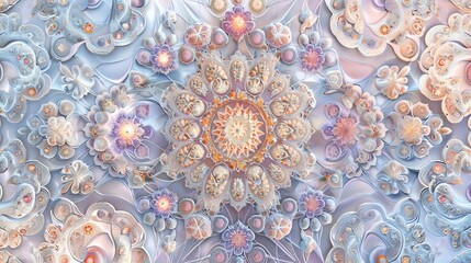 A mesmerizing, abstract floral pattern in soft pastel hues, featuring intricate swirls and a central mandala, creating a delicate and dreamlike effect.