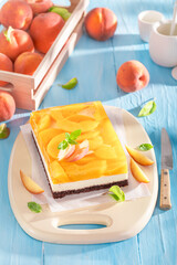 Homemade and sweet cheesecake with jelly peach with brown sponge.
