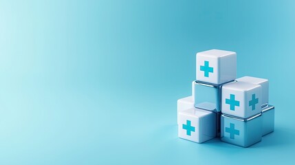 Fototapeta premium A stack of white medical boxes with blue crosses against a soft blue background, symbolizing healthcare and medicine.