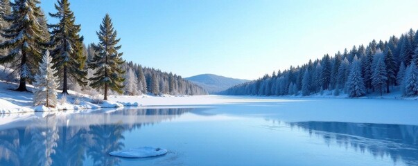 A frozen lake with surrounding evergreen trees and a clear blue sky, frozen water, peaceful woods