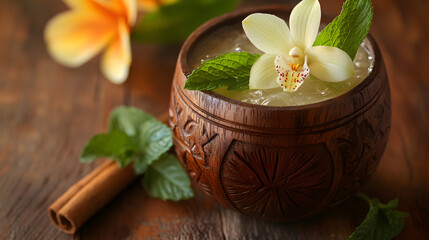 A tropical Mai Tai in a carved wooden cup with a sprig of fresh mint and an orchid bloom.
