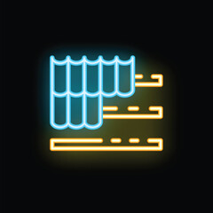 Blue and yellow neon icon of a roof covering being installed on a building frame on a black background