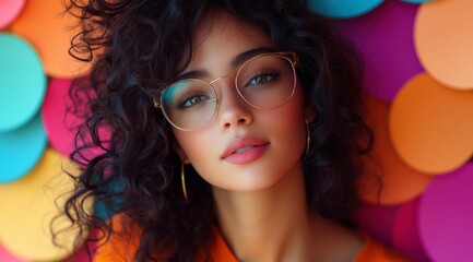 Naklejka premium Stylish Portrait of a Young Woman with Curly Hair, Wearing Round Glasses and Gold Hoop Earrings, Set Against a Vibrant Background of Colorful Circles, Radiating Elegance and Beauty.