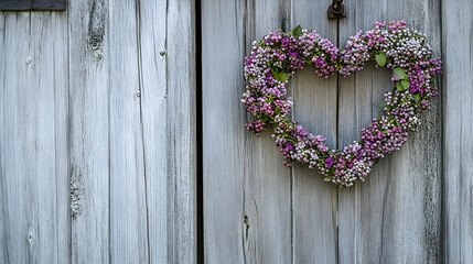 A heart-shaped wreath of berries and flowers hanging on a rustic wooden door