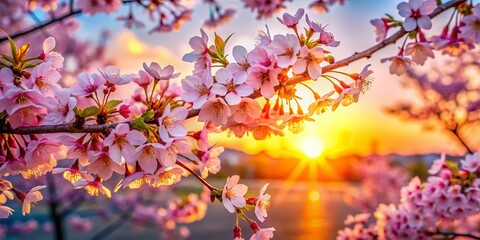 Obraz premium Cherry Blossom Festival Sunset - Low Light AI Photo