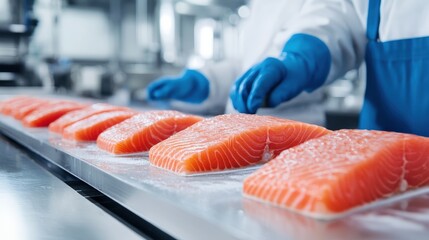 Industrial Salmon Processing Close-up View of Fresh Salmon Filets on a Conveyor Belt in a Modern Fish Processing Plant, Highlighting the Efficiency and Cleanliness of the Production Line.