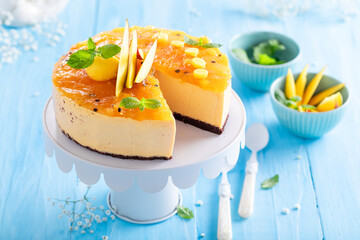 Homemade and delicious cheesecake with mango and cheese.