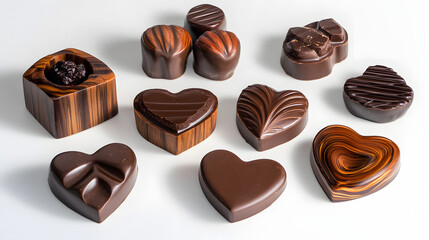 Obraz premium A variety of chocolate pralines in different shapes, including heart-shaped, round, and square, filled with creamy hazelnut, caramel, and dark chocolate ganache.