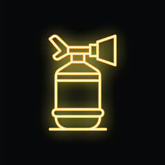 Yellow glowing neon icon of fire extinguisher equipment illuminating black background