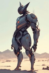 Fototapeta premium Advanced Robot Stands in Desolate Desert Landscape