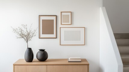 Modern Minimalist Home Decor Featuring Wooden Frames, Neutral Tones, and Elegant Vases with Dried Branches, Displayed on a Light Wood Console Table Near a Staircase