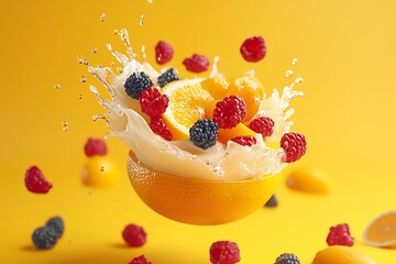 Fresh Fruit Splash Mockup in Bright Colors  A splash of vibrant fruits, such as berries and citrus, perfect for showcasing fresh food designs or beverages.