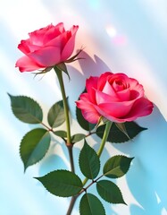 Obraz premium A modern art style composition of pink and red roses with green leaves and creative shadows