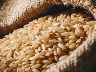 Obraz premium Close-up of rice grains in a burlap sack. Featuring the texture and natural color of the grains. Emphasizing the rustic and organic nature of raw rice. Ideal for agricultural blogs and food packaging.