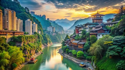Fototapeta premium Chongqing Mountain City River Scenic View, Yuzhong District, Third Step