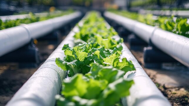 Hydroponic Lettuce Farm: Rows of vibrant green lettuce thriving in a modern soilless cultivation system, showcasing sustainable agriculture and technological advancements in food production.