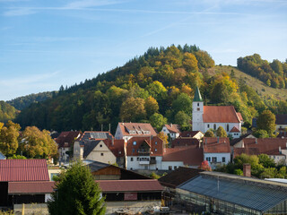 Buttenhausen, Germany - October 2nd 2023: View over the village situated between wooden hills