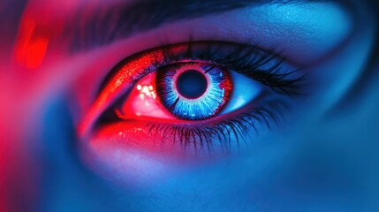 Fototapeta premium Close Up of a Human Eye with Red and Blue Lights