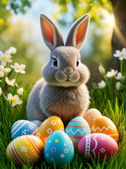 Adorable Easter Bunny with Colorful Eggs in Spring Meadow