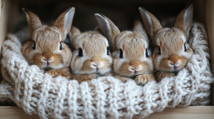 Obraz premium Three baby bunnies snuggle in knit blanket, wooden box, spring