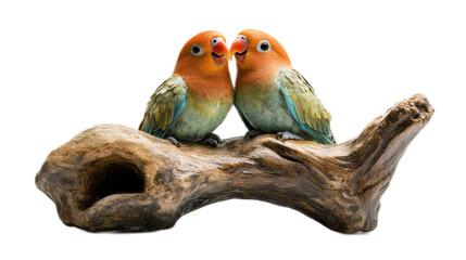 Fototapeta premium Romantic Pair of Colorful Lovebirds Sitting Together on a Natural Driftwood Base, Displaying Their Affection in a Captivating Close-Up Scene