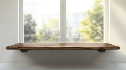 Fototapeta premium Wooden Table with Natural Finish on a Blur Background of Window with Glass and Greenery, Capturing Serenity and Minimalism in Interiors