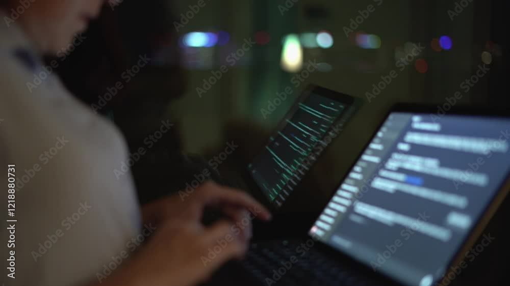 Leinwandbilder A Dedicated Software Developer Committed to Producing HighQuality and Efficient Code, Often Working Late at Night, Utilizing Multiple Laptops in Order to Enhance Overall Productivity and Efficiency