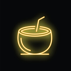 Bright yellow neon sign of a coconut cocktail with a straw, glowing on a black background