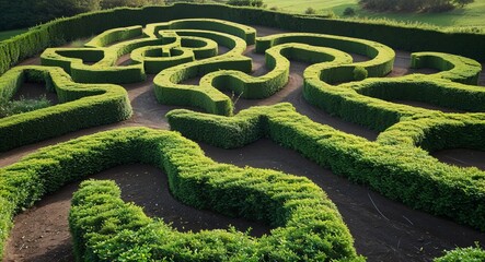 Green bush labyrinths designed with creative shapes and playful twists